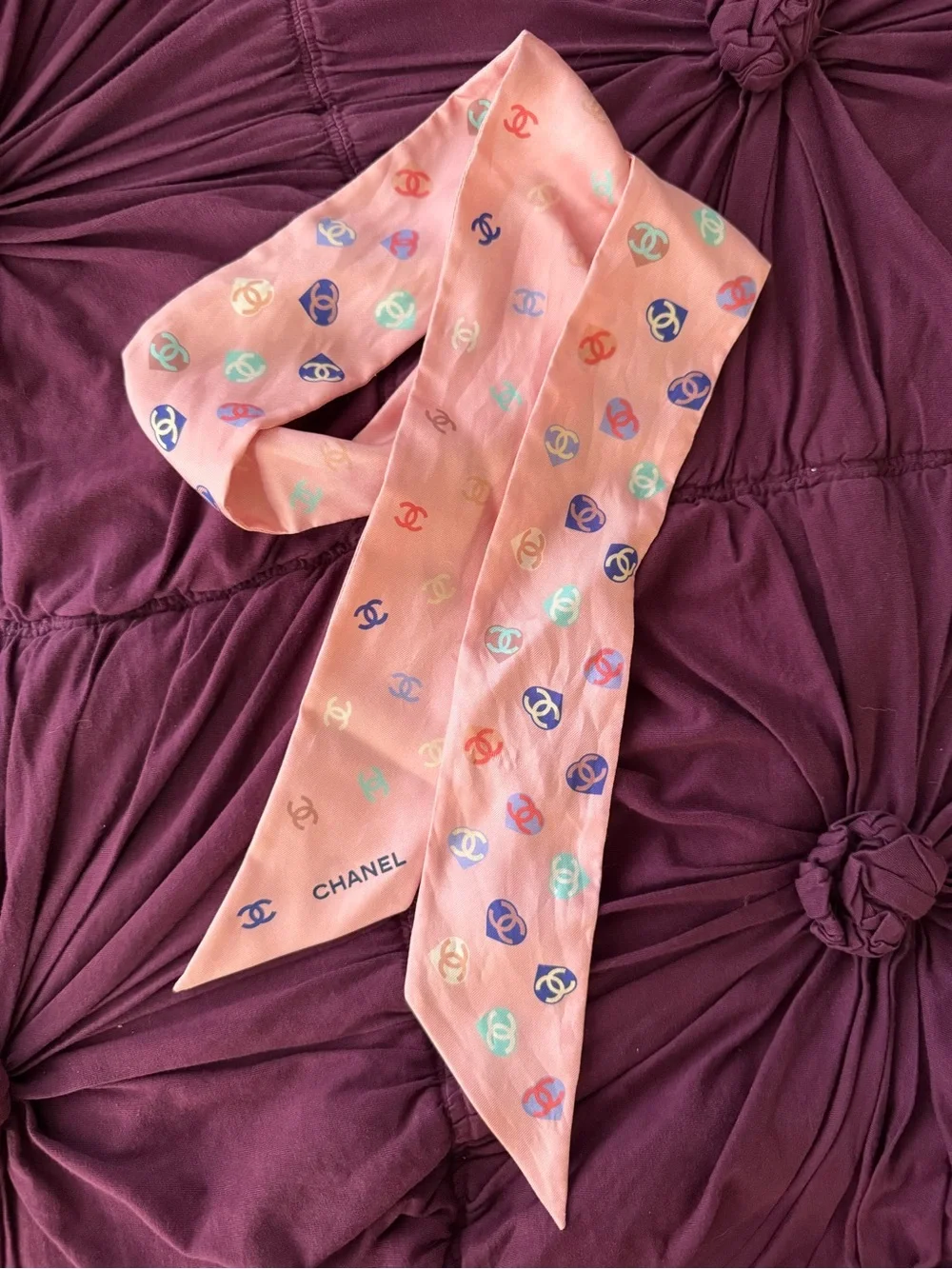 CHANEL Pink Multicolor Logo Silk Twilly Scarf